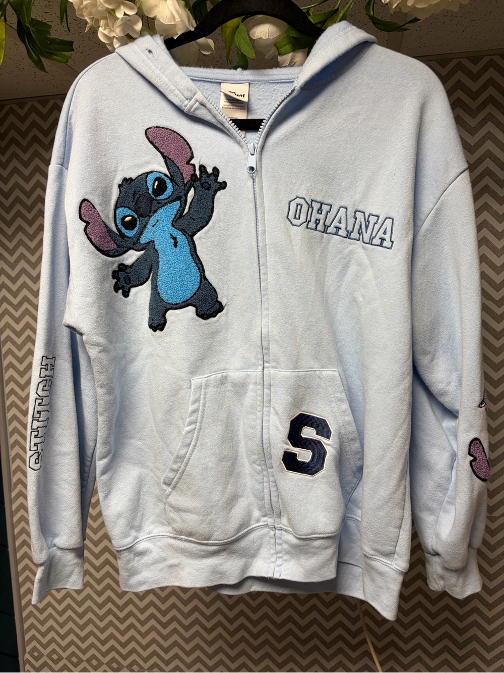 Disney Embroidered Patched Light Blue Stitch 'Ohana' Zip Graphic Hoodie